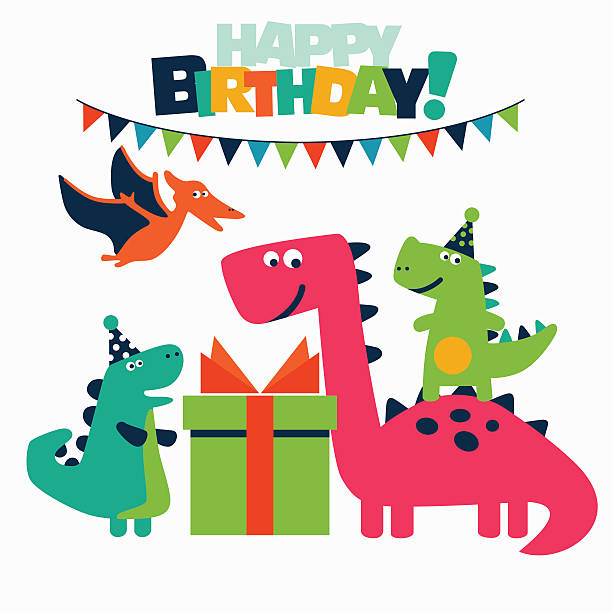 Lovely illustration with funny dinosaurs. Happy birthday cute card concept Happy birthday - lovely vector card with funny dinosaurs. Ideal for cards, logo, invitations, party, banners, kindergarten, preschool and children room decoration dinosaur birthday stock illustrations