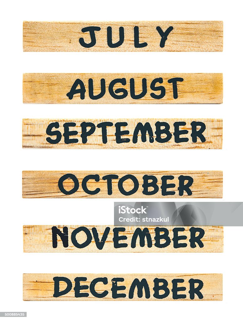 Months screen on wooden cubic Months screen on wooden cubic of July, august, september, october, november, december April Stock Photo