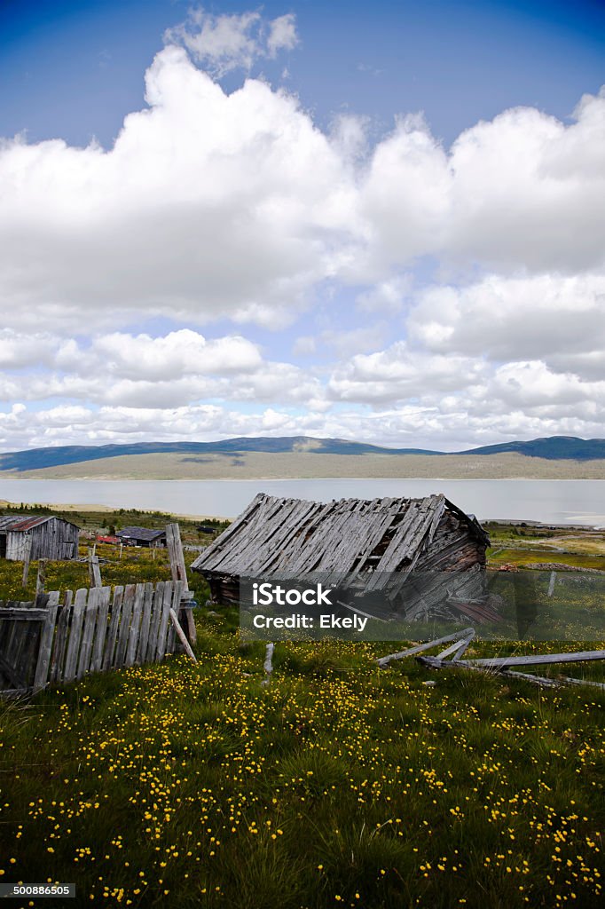 Farm in the Norwegian mountains Old run-down pasture farm in, Gudbrandsdalen, Norway.  Abandoned Stock Photo