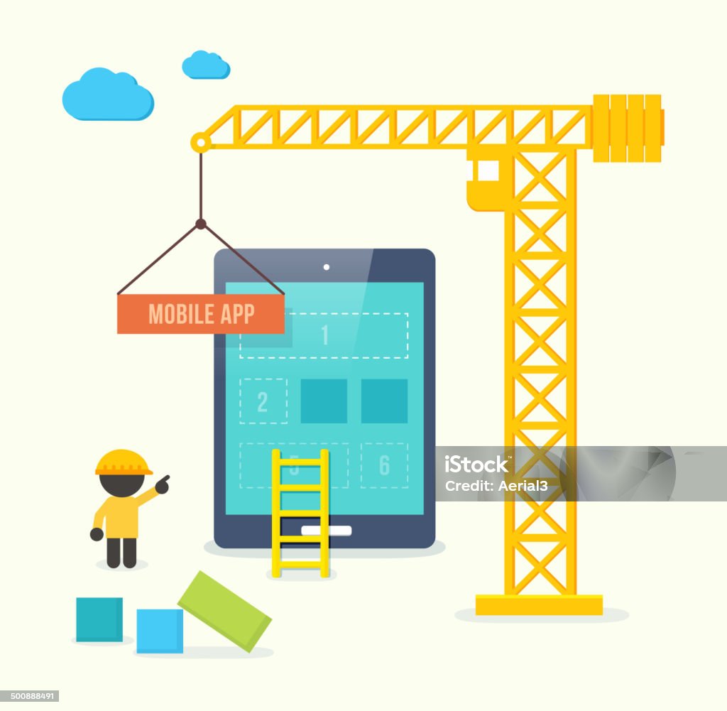 Flat style vector illustration concept of mobile app developement Flat style vector illustration concept of mobile app developement. Infographic design for process of smartphone application construction Building - Activity stock vector