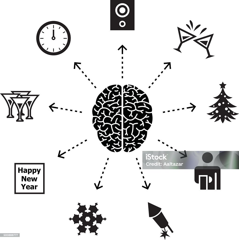 Thinking About New Year's Eve Conceptual illustration representing a brain surrounded by new year's eve related icons. Alcohol - Drink stock vector