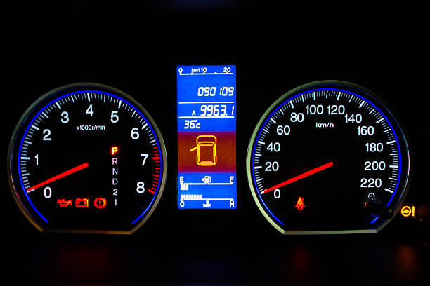 Modern Car Speedometer and Illuminated Dashboard stock photo