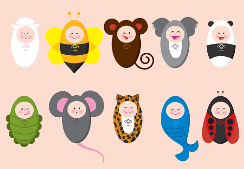 Set of 10 vector illustrations of babies wearing animal suits.