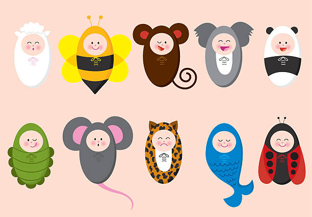 Babies with animal suits 2 Set of 10 vector illustrations of babies wearing animal suits. bee costume stock illustrations