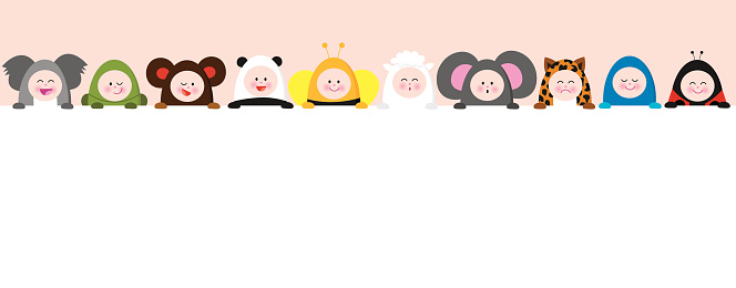 Vector illustration of a group of ten babies wearing animal suits holding a sign.