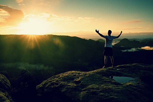 istock Crazy runner on peak gesture triumph with hands in air 500898050