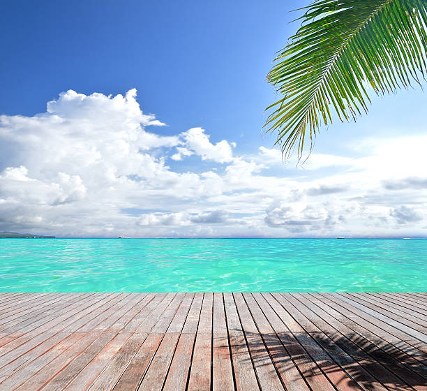 istock Wooden platform beside tropical sea 500898688