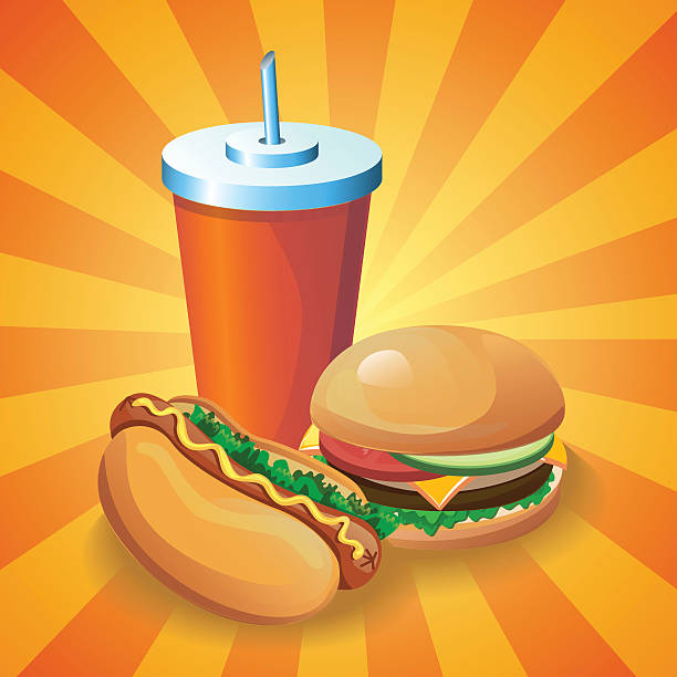 ilustraciones, imágenes clip art, dibujos animados e iconos de stock de hotdogburgercola - hamburger refreshment hot dog bun