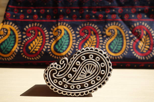 Indian wood printing block with block printed textile background
