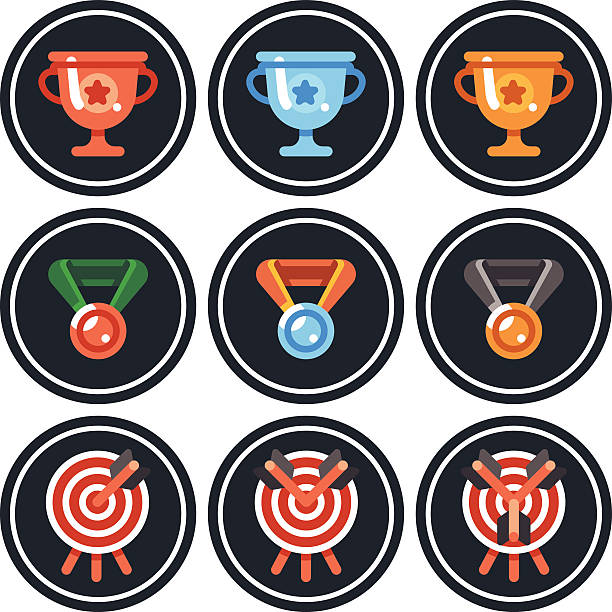 Achievement Badges Achievement badges. Cup, medal, target. Vector flat gamification icons.  gamification badge stock illustrations