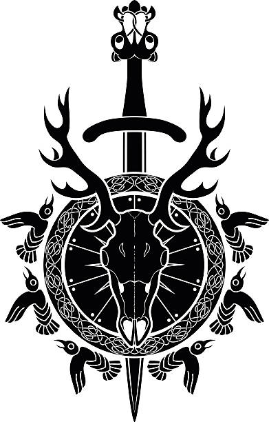 Deer skull, sword and shield vector art illustration