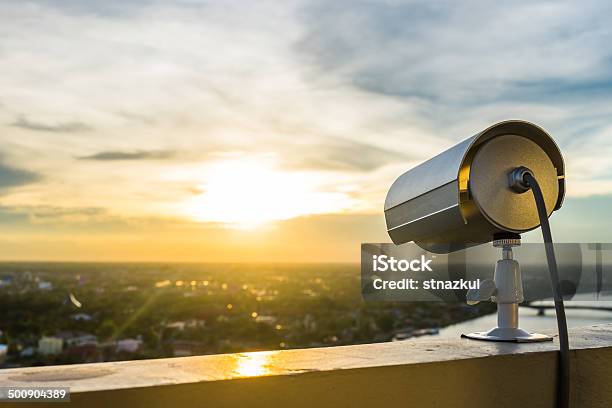 Cctv Camera Or Surveillance With Sunlight Stock Photo - Download Image Now - Above, Airport, Alarm