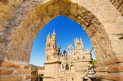 Benalmadena, Spain - April 28, 2014: Castle monument of Colomares. Is a monument honoring Cristopher Colombus and the discovery of America. Was built between 1987 and 1994 and  It is a combination of several different architechtural styles. 