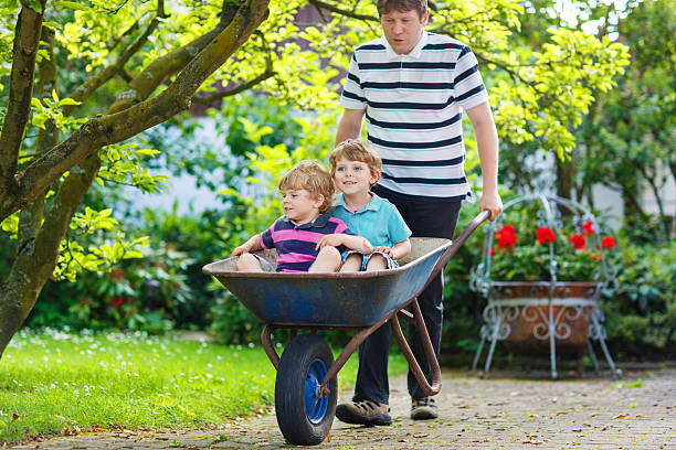 istock Two little boys having fun in wheelbarrow pushing by father 500908771