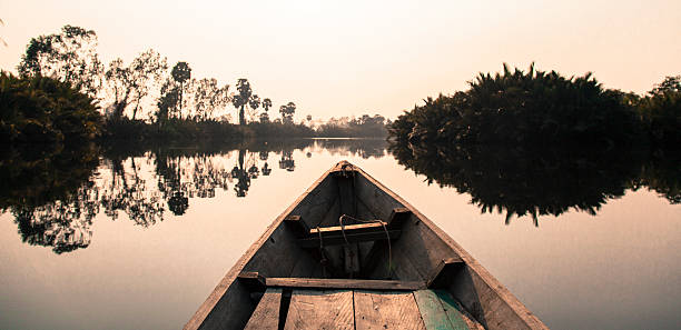 Wooden Canoe on a serene Cambodian river Drifting along a still stretch of river at sunrise near Kampot, Cambodia kampot stock pictures, royalty-free photos & images
