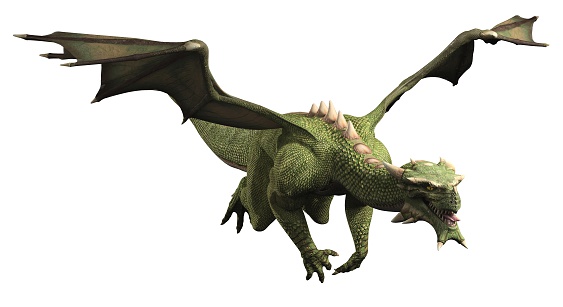 Fantasy illustration of a large green dragon in flight, 3d digitally rendered illustration