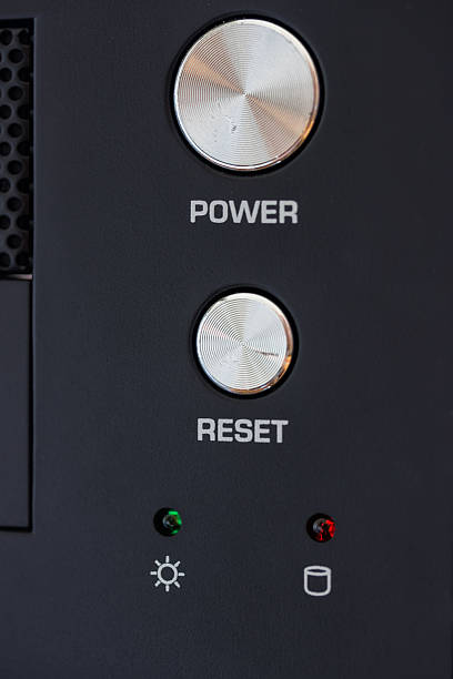 power and reset button on desktop pc panel Close up of power and reset button on desktop pc panel. Selective focus. refresh button on keyboard stock pictures, royalty-free photos & images