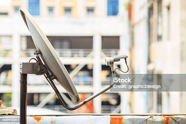 Satellite Dish Receiver On The Build Stock Photo - Download Image Now - Accessibility, Antenna - Aerial, Arts Culture and Entertainment