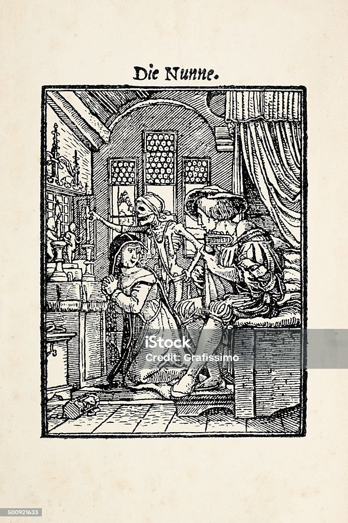 Nonne mit Skelett von dance des Todes nach Holbein - Lizenzfrei 16. Jahrhundert Stock-Illustration