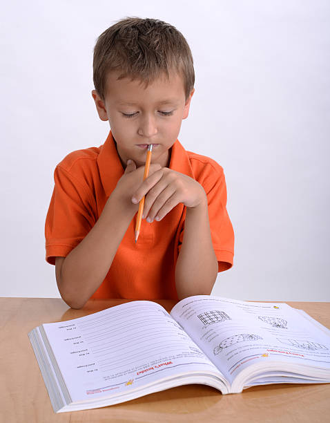 Boy reading homework stock photo