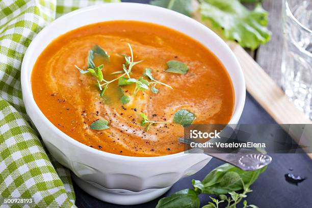 Tomato Soup In White Bowl Stock Photo - Download Image Now - Appetizer, Basil, Bowl