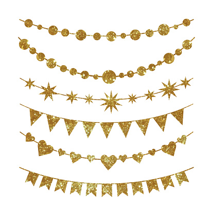 Set of garlands made of gold glitter texture - flags, hearts and stars.