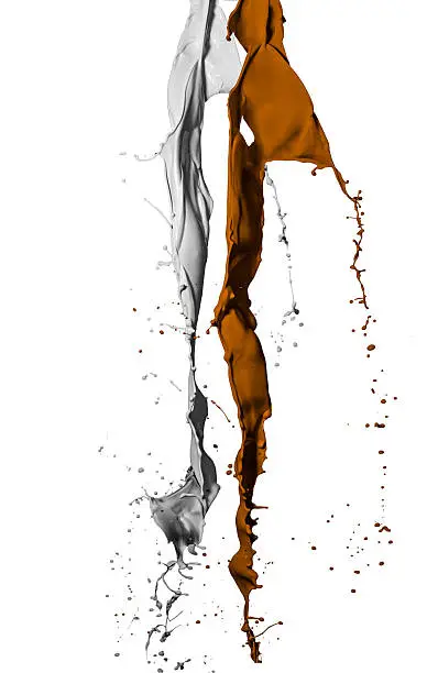 A composite image of masking to make a "Choco-Milk" splash art, set against a white backdrop in a home studio, with two speed lights.