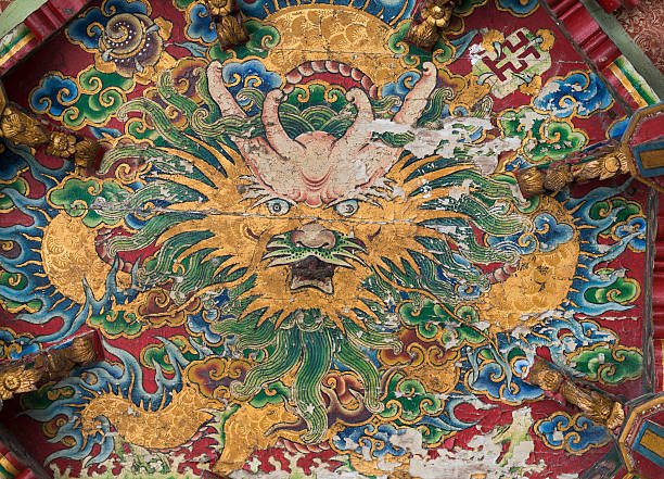 Vintage Chinese dragon painted on the ceiling of temple stock photo