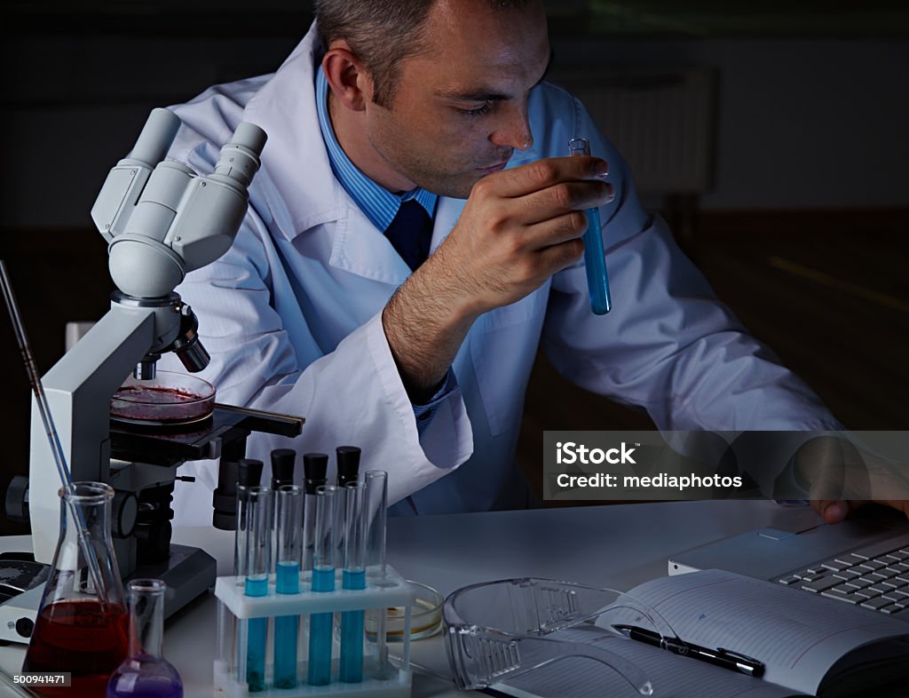 Making record Scientist makes record of test results in his laptop 30-39 Years Stock Photo