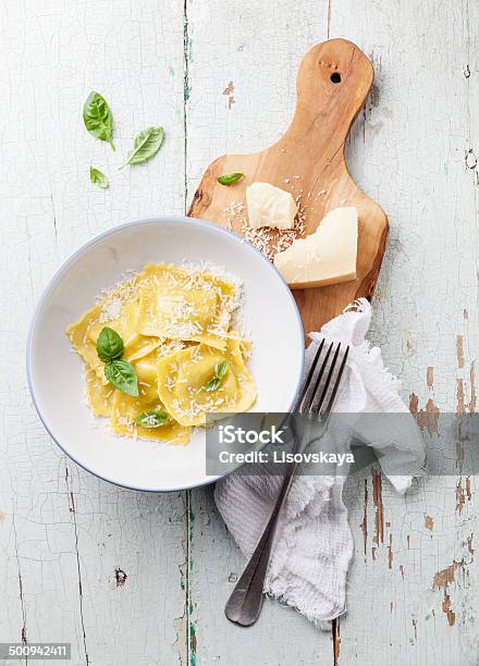 Ravioli Pasta With Parmesan Cheese Stock Photo - Download Image Now - Ravioli, Basil, Blue