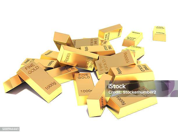 Heap Of Flat Golden Bars Isolated On White Background Stock Photo - Download Image Now