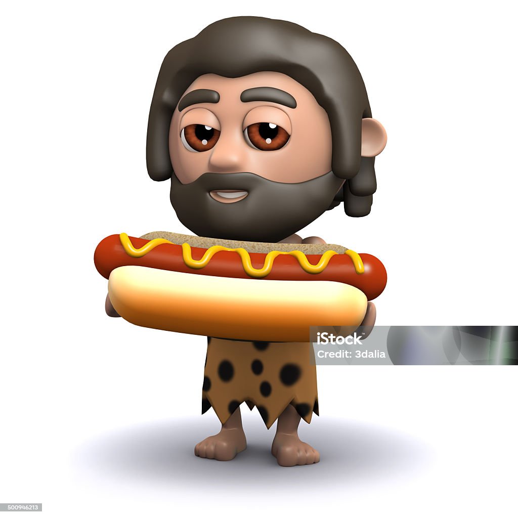 3 d Uomo delle caverne con un hot dog - Foto stock royalty-free di Adulto