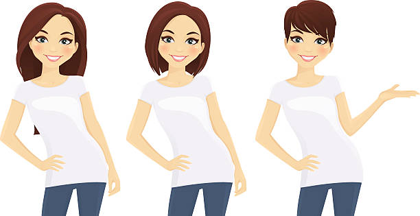 Set of cute girls in white T-shirts Set of cute girls with different hairstyles in white T-shirts black hair illustrations stock illustrations