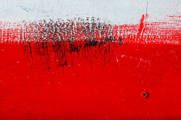 Brushstroke - black,  white, red acrylic paint  on  metal sur