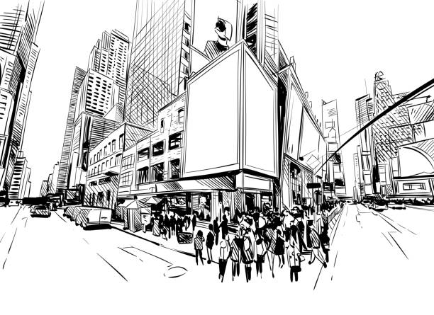 ilustraciones, imágenes clip art, dibujos animados e iconos de stock de ciudad dibujados a mano perspectivas únicas, ilustración vectorial - times square