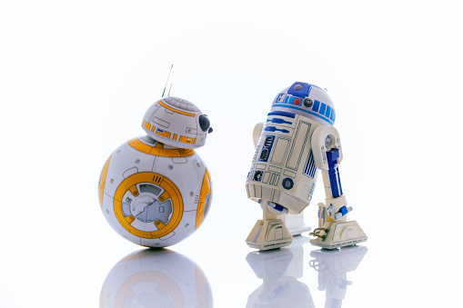 istanbul, Turkey - December 12, 2015: Portrait of BB-8 and R2-D2, Star Wars movie characters.