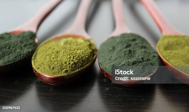 Spirulina And Chorella Powder Backround Stock Photo - Download Image Now - Ground - Culinary, Chlorella, Algae