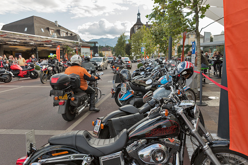 Velden, Austria - September 8, 2015: Bikers from all over Europe on Klagenfurter street during annual European Bike Week festival.
