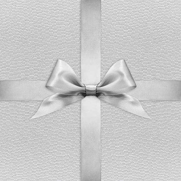 istock Shiny silver satin ribbon bow on argent background 500970102