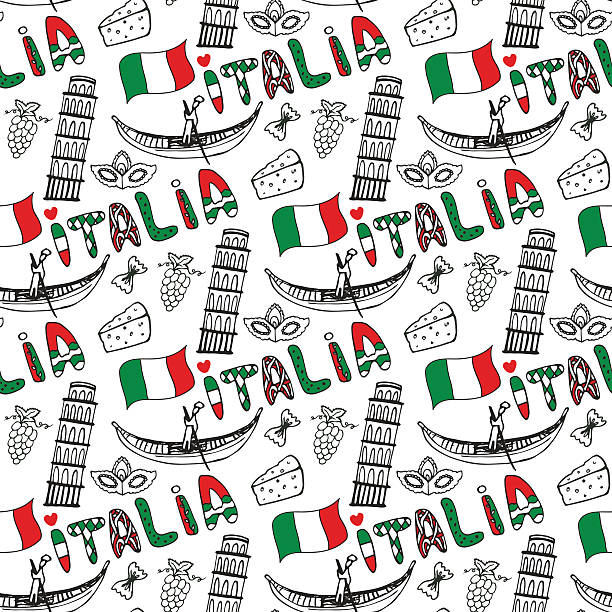 Italy hand drawn seamless pattern  with flag. Vector travel background Italy seamless pattern with flag. Vector doodle travel background. Handwriting Italia lettering in italian language - Italy italy flag drawing stock illustrations
