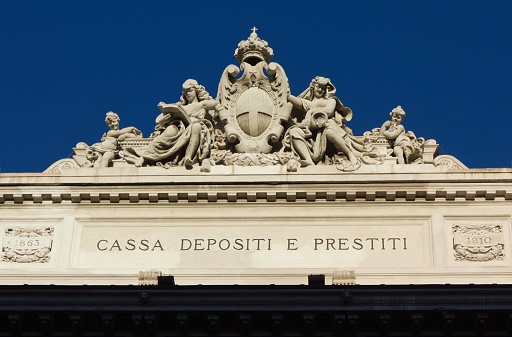 Rome, Italy - December 30, 2014: Close up of the roof of the Italian Cassa Depositi e prestiti in Rome, with statues