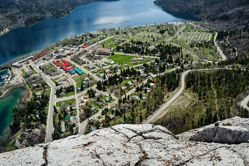 aerial view of Waterton Lake and townsite from the Bear's Hump lookout, Waterton Lakes National Park, Alberta, Canada