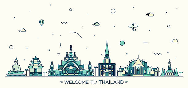 illustrazioni stock, clip art, cartoni animati e icone di tendenza di illustrazione vettoriale skyline lineare stile in tailandia - thailand thai culture travel buddha