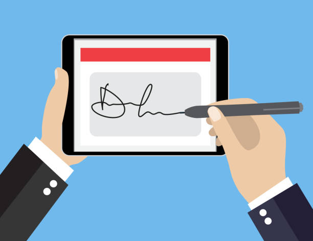 цифровая подпись на планшете - signature electrical equipment signing pen stock illustrations