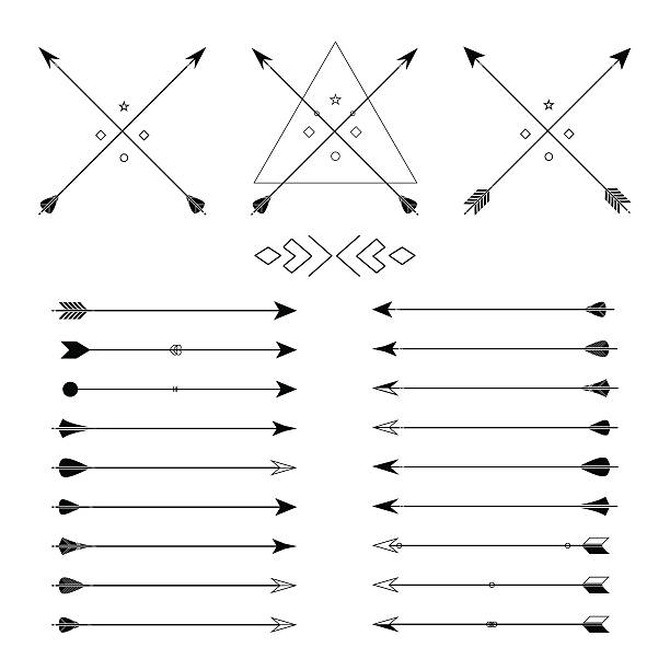 ilustraciones, imágenes clip art, dibujos animados e iconos de stock de conjunto de flechas vector diferentes - bow and arrow