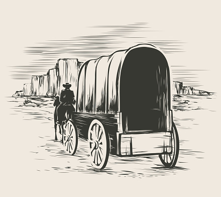Old wagon in wild west prairies. Pioneer on horse transportation cart, vector illustration
