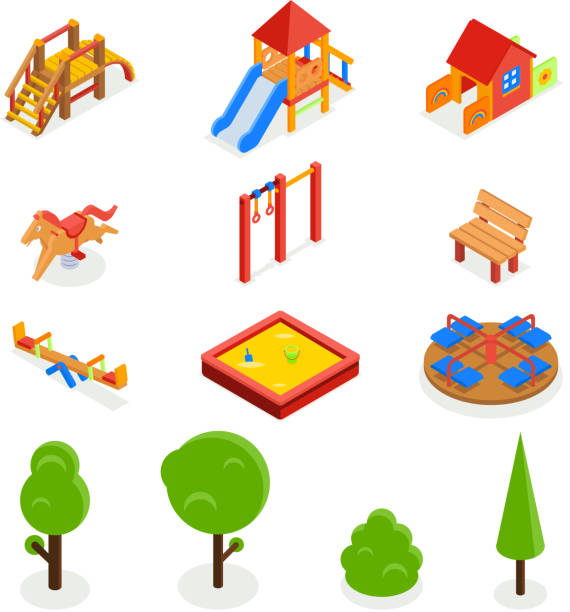 ilustrações de stock, clip art, desenhos animados e ícones de minibarra de ferramentas 3d parque infantil para crianças. vector conjunto de ícones - child horse design symbol