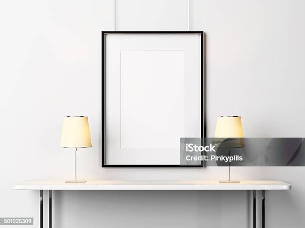 White Table With Lamps And Blank Picture Frame Stock Photo - Download Image Now - Abstract, Art Museum, Backgrounds