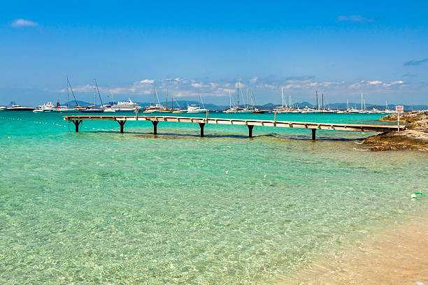 formentera トロピカルな地中海の木製埠頭 illetes bea - illetes ストックフォトと画像