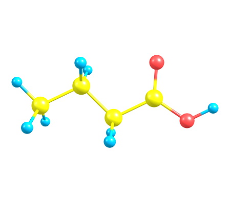 Butyric (butanoic) acid is a carboxylic acid with the structural formula CH3CH2CH2-COOH.
